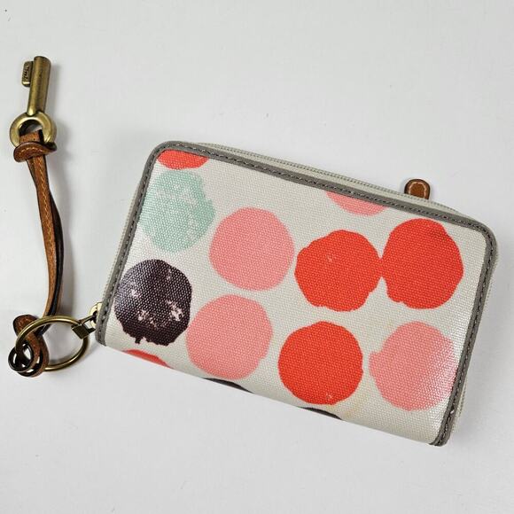 Fossil KeyPer Zip Around Wallet Wristlet Ivory Coral‎ Mint Dots - Picture 2 of 4